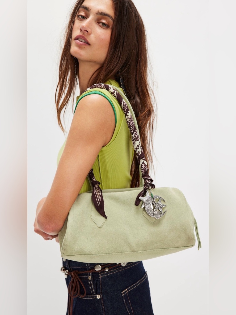 NWT Free People Sierra Suede Shoulder Bag in Moss Green 13X7 NEW $78 Leather - Picture 7 of 10